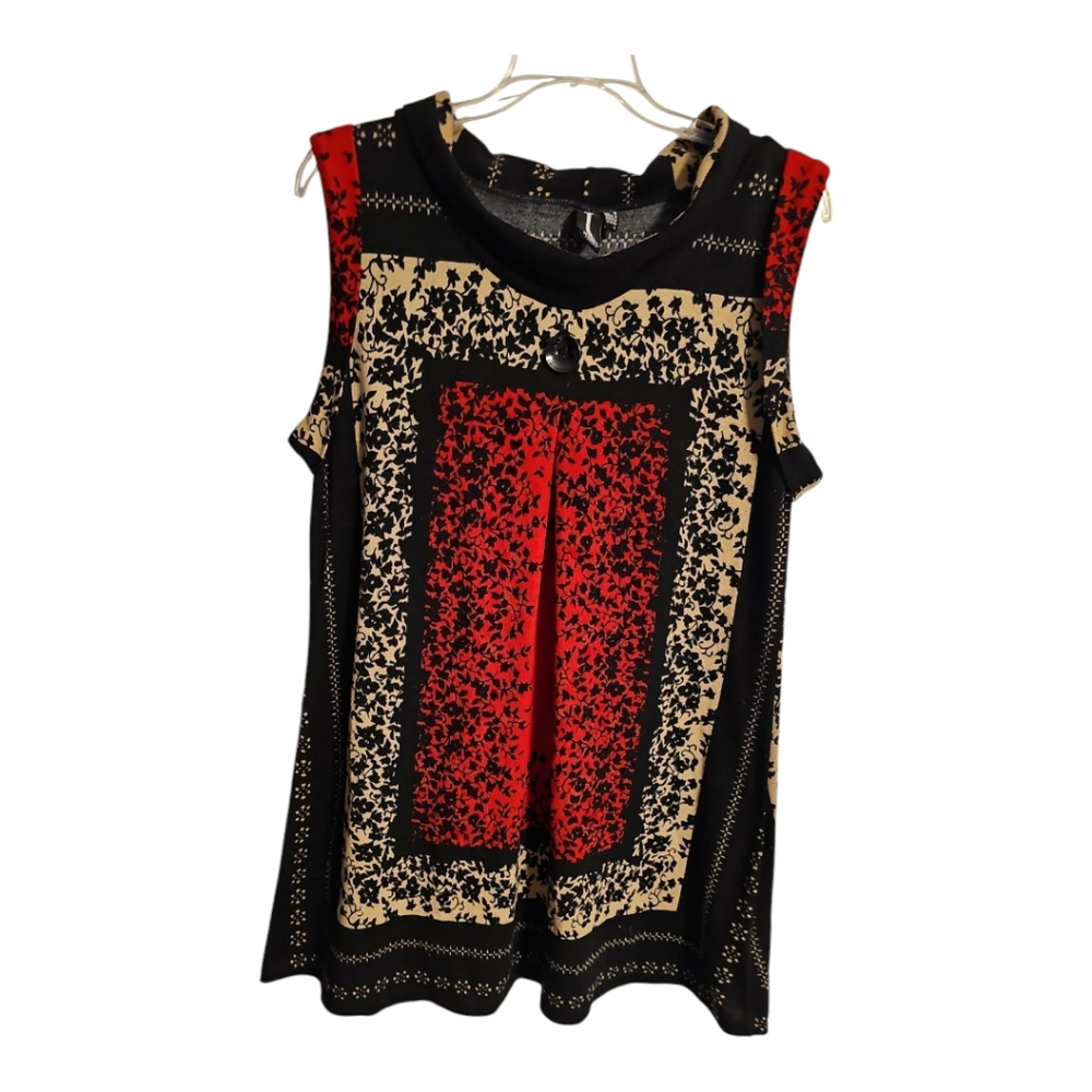 EUC Izabel London Sleeveless Tunic Sweater, Black, Red, And Tan, XL